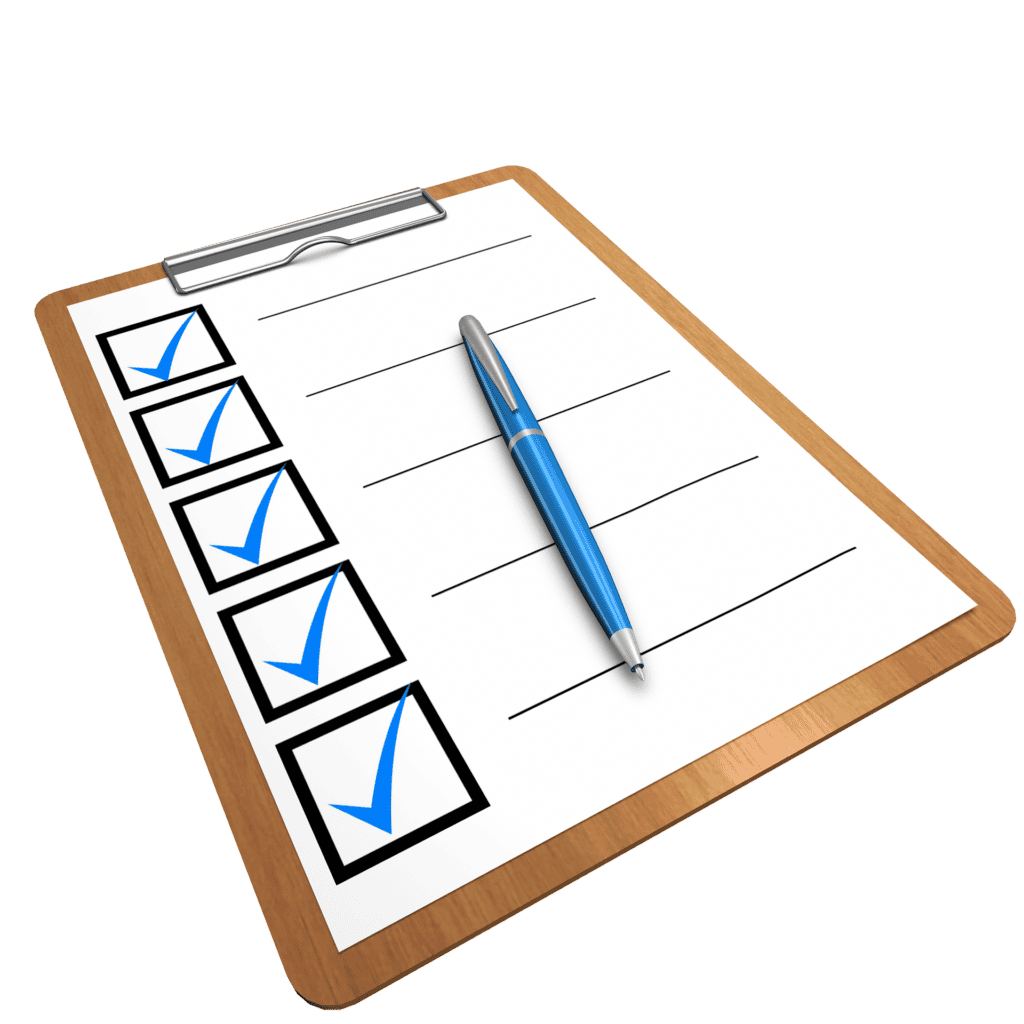 Checklist with blue checkmarks on a clipboard for justice responses.
